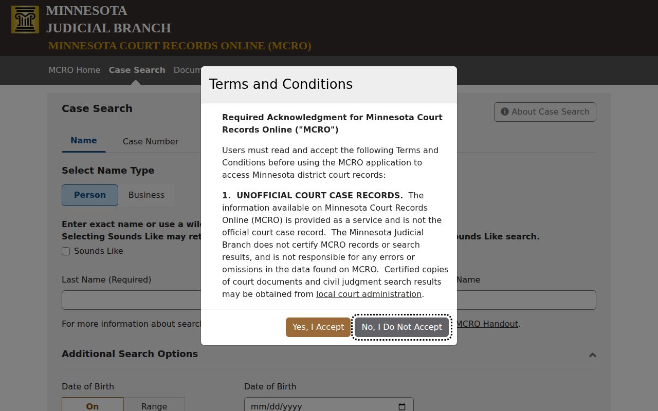 MCRO court record search for a Sherburne County inmate release